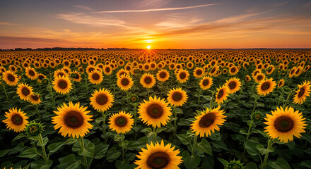 Golden Sunset Illuminates a Vast Field of Sunflowers