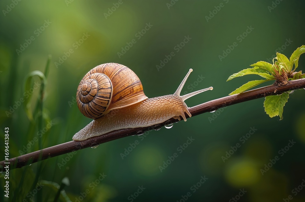 Poster Vibrant photo of a colorful snail resting on a tree limb with a soft green backdrop