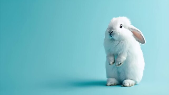 white rabbit standing upright on its hind legs with its front paws raised.
