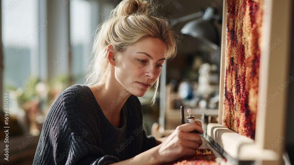 Poster young adult caucasian woman using tufting gun to create abstract carpet design in workshop standing 
