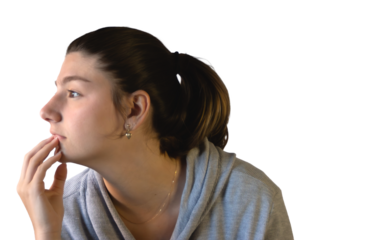 Teenager with a hesitant facial expression, isolated, white or transparent background.Emotional teenage model for marketing and creative projects. 