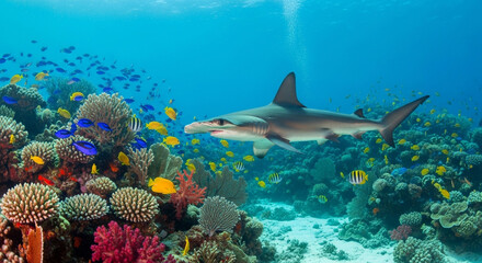 Fototapeta premium Hammerhead shark swims near a vibrant coral reef teeming with colorful fish in clear blue ocean waters.