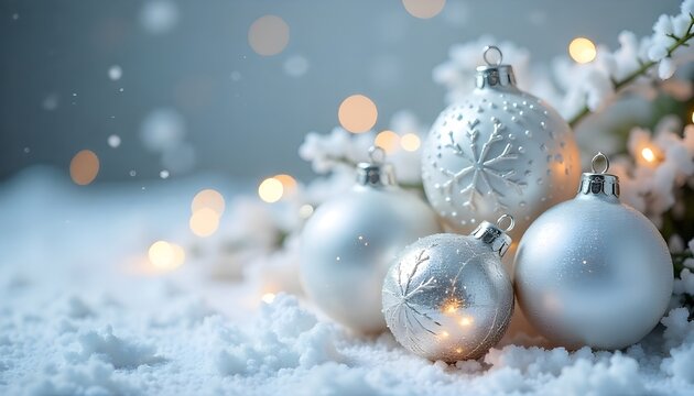 A snowy pine branch decorated with elegant white Christmas baubles featuring snowflake patterns, softly glowing lights, and a peaceful winter background. - Powered by Adobe