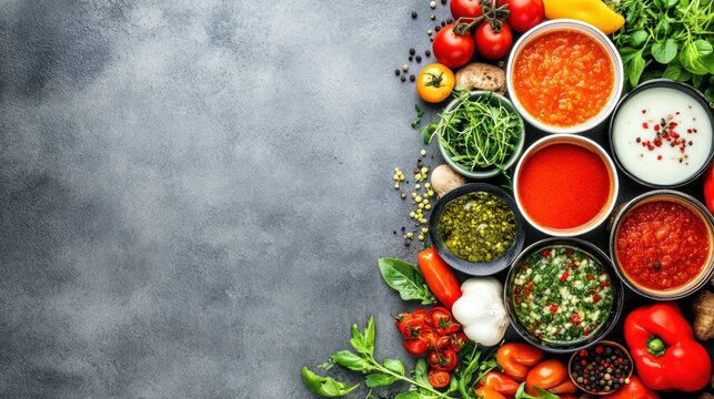 Variety of sauces and fresh ingredients on dark background