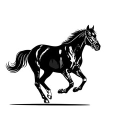 Dynamic black horse galloping powerfully with flowing mane and tail, capturing pure speed, freedom, and untamed spirit in a striking, illustrative style perfect for equestrian themes.