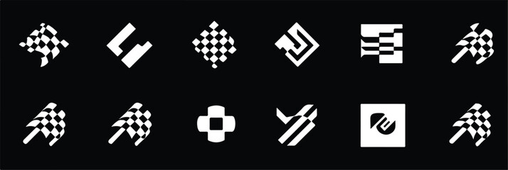 Monochrome abstract vector shapes collection design elements isolated on a black background pattern compilation