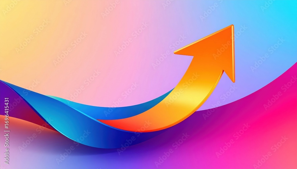 Poster a vibrant abstract design featuring a curved wave and an upward-pointing arrow in gradient colors, s