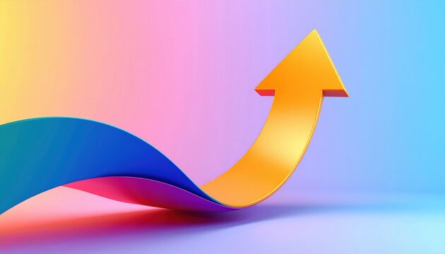 A vibrant, abstract design featuring a colorful arrow curving upward against a gradient background, symbolizing growth and progress.