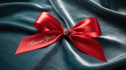 Elegant red satin bow with gold lettering resting on luxurious teal velvet fabric
