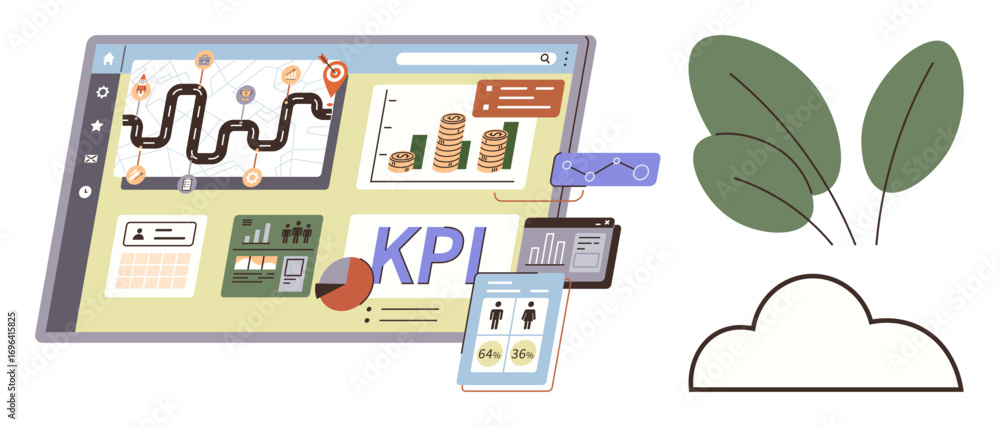 Poster digital dashboard displaying workflow diagram, kpi metrics, charts, and growth icons alongside leave