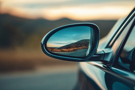 Car side mirror reflecting a landscape with mountains and sky at dusk.