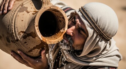 Man in desert clothes drinking water from clay jug. Ancient arab tradition and biblical times concept. Refreshment from the wellspring of life.