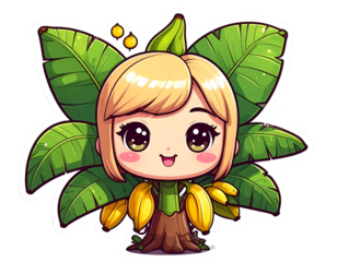 kawaii-style banana tree character with big sparkling eyes, rosy cheeks, and a happy smile, leaves spread wide with small yellow bananas, pastel tones and bold sticker outline,  PNG
