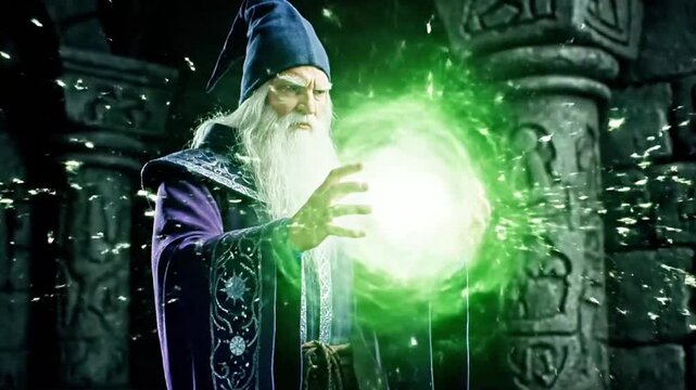 A wizard casting a spell with glowing energy swirling around their hands