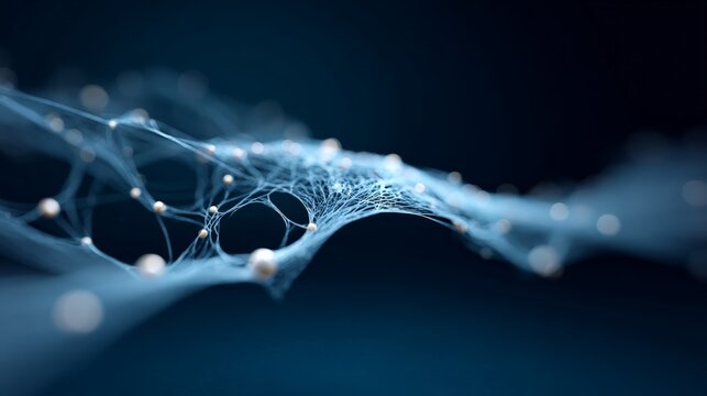 Complex network mesh glowing and transferring data through nodes, symbolizing artificial intelligence, deep learning, and the interconnected nature of modern technology - Powered by Adobe