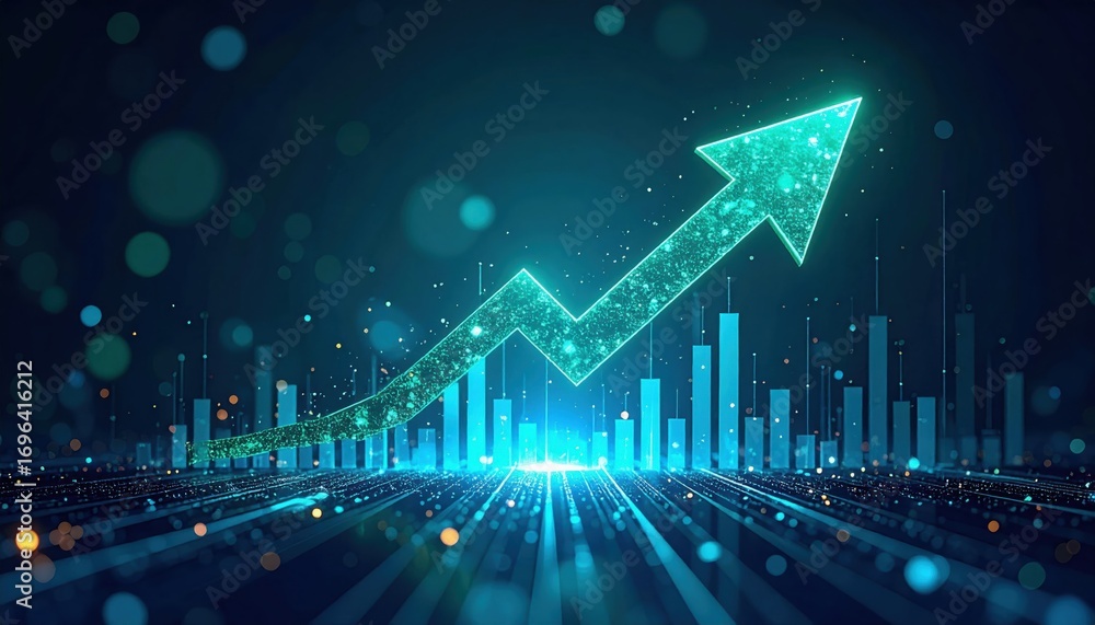 Poster a futuristic digital graphic showing an upward arrow representing growth, surrounded by abstract bar