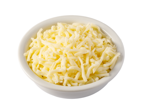 Grated cheese overflowing a white bowl on transparent background