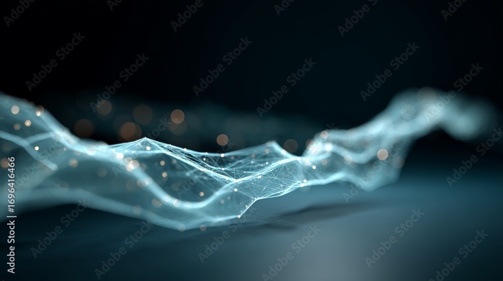 Poster artificial intelligence is forming a glowing plexus mesh, creating a futuristic landscape with undul