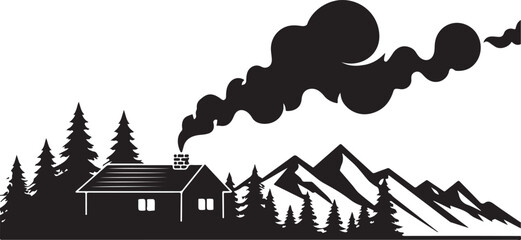 Obraz premium Black silhouette of a cabin with smoke from chimney in front of pine trees and mountains house home