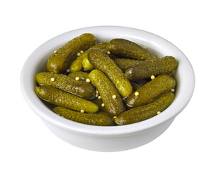 Bowl of gherkins pickled in vinegar with mustard seeds on transparent background