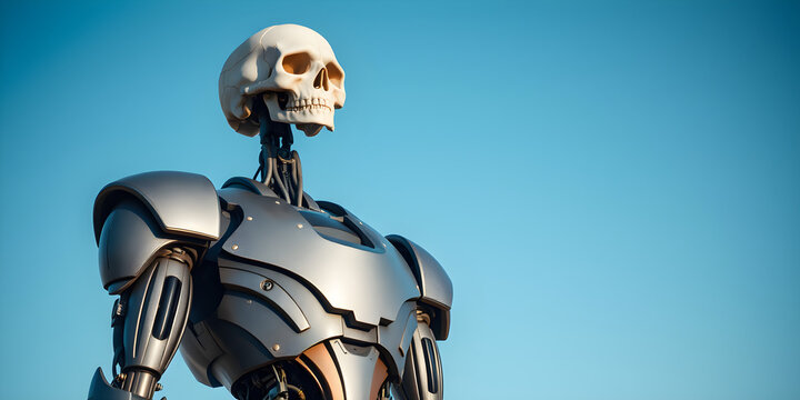 A robot with a skull on its head is standing in front of a blue sky. The robot's design is futuristic and metallic, giving it a cold and mechanical appearance