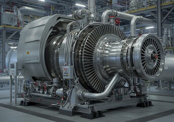 銀色の巨大タービン発電機工場風景写真