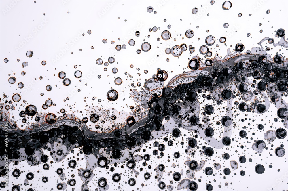 Poster on a plain white canvas, a captivating abstract pattern of dark circles and flowing waves appears, e