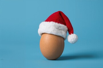 Christmas egg wearing a Santa hat on a blue backdrop