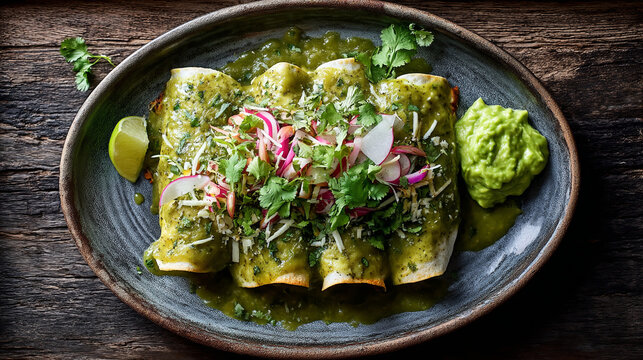 Overhead view of enchiladas verdes with guacamole and lime on rustic plate