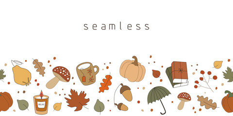 Vector hand drawn seamless pattern with autumn elements on white background. Umbrella, books, tea, candle, leaves, acorns, apples, pumpkins, mushrooms, berries for wrapping paper or fabric.