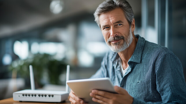 Caucasian middle aged man holding digital tablet sitting near wireless router on table focusing on device setup process in modern home or office environment router setup home net