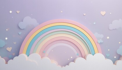 Soft pastel rainbow arching above fluffy clouds with scattered stars and hearts