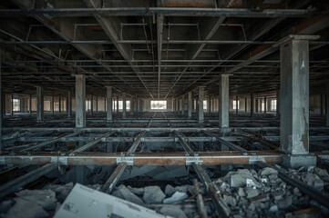 Section of the foundation's second-level basement grid exposed in a demolished building site, showcasing steel reinforcement bars.