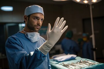 A surgeon pulling on white sterile gloves in an operating room,