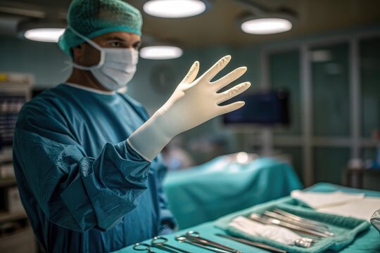 A surgeon pulling on white sterile gloves in an operating room, - Powered by Adobe