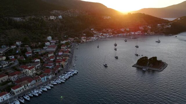 Sunset Flyover of Vathy Bay, Ithaca, Greece Sailboats & Seaside Village