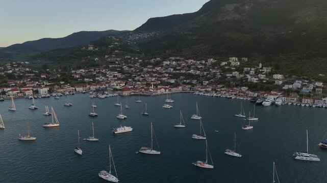 Sunset Flyover of Vathy Bay, Ithaca, Greece Sailboats & Seaside Village
