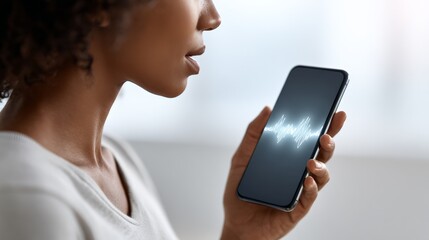 Businesswoman is interacting with a voice assistant on her smartphone, a soundwave graphic displayed on the screen indicates active listening and processing of her voice command