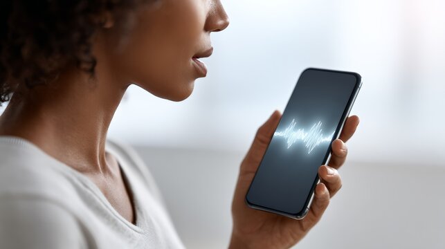 Businesswoman is interacting with a voice assistant on her smartphone, a soundwave graphic displayed on the screen indicates active listening and processing of her voice command