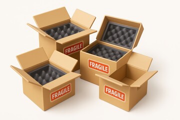 Fototapeta premium Open cardboard boxes with fragile labels and protective foam inserts ready for shipping
