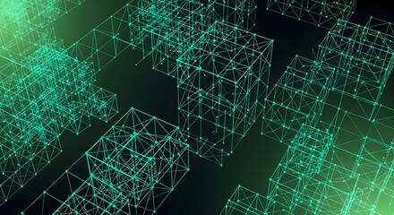Abstract digital network with glowing green lines and cubes.
