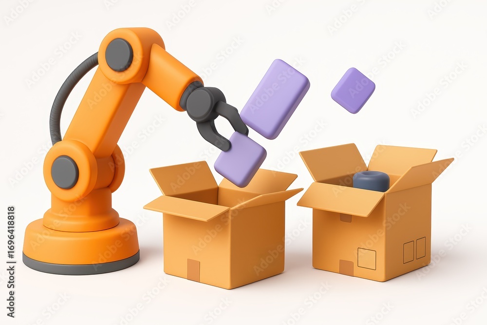 Aufkleber robotic arm sorting colorful blocks into open boxes on a white background for automation concept