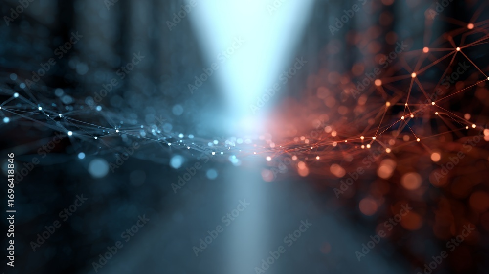 Poster complex network of interconnected nodes forming a futuristic data flow, symbolizing the power and po