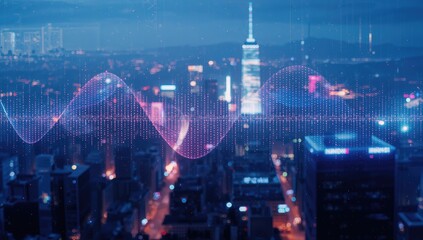 Digital wave overlaying a blurred urban nightscape, symbolizing science and technology concepts in a double exposure style
