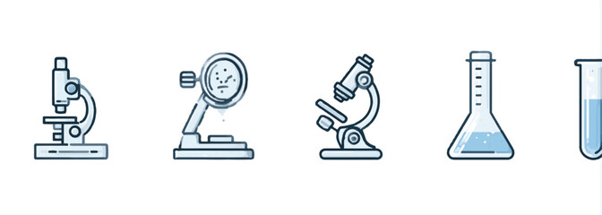 Scientific laboratory equipment icons featuring microscopes flask test tube medical analysis and research tools
