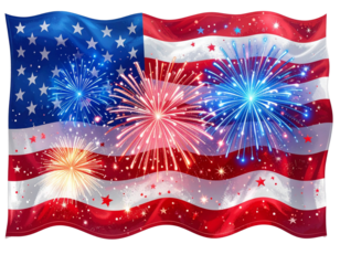  Patriotic Holiday Fireworks with Flag Banner and Stars, Festive Celebration Icon, isolated on transparent background PNG