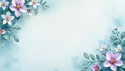 digital illustration of light blue background with border pink and white flowers green leaves