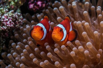 Close-up of a pair of bright orange clownfish emerging from a sea anemone with vibrant coral reefs in the backdrop, captured at night using a flash.