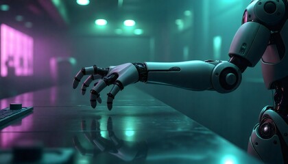 robotic hand reaching out towards computer keyboard on desk