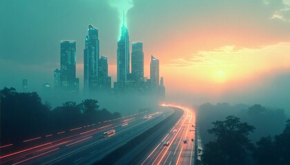 landscape photograph of city skyline at sunrise or sunset